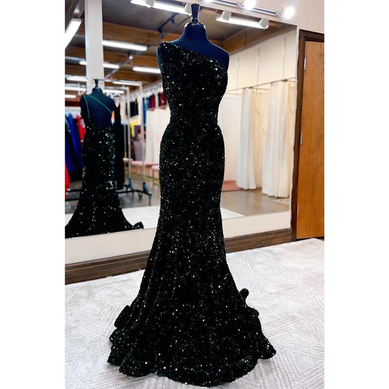 Unique One Shoulder Sequins Burgundy Prom Dress Glitter