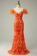 Mermaid Off the Shoulder Orange Long Prom Dress with Feathers