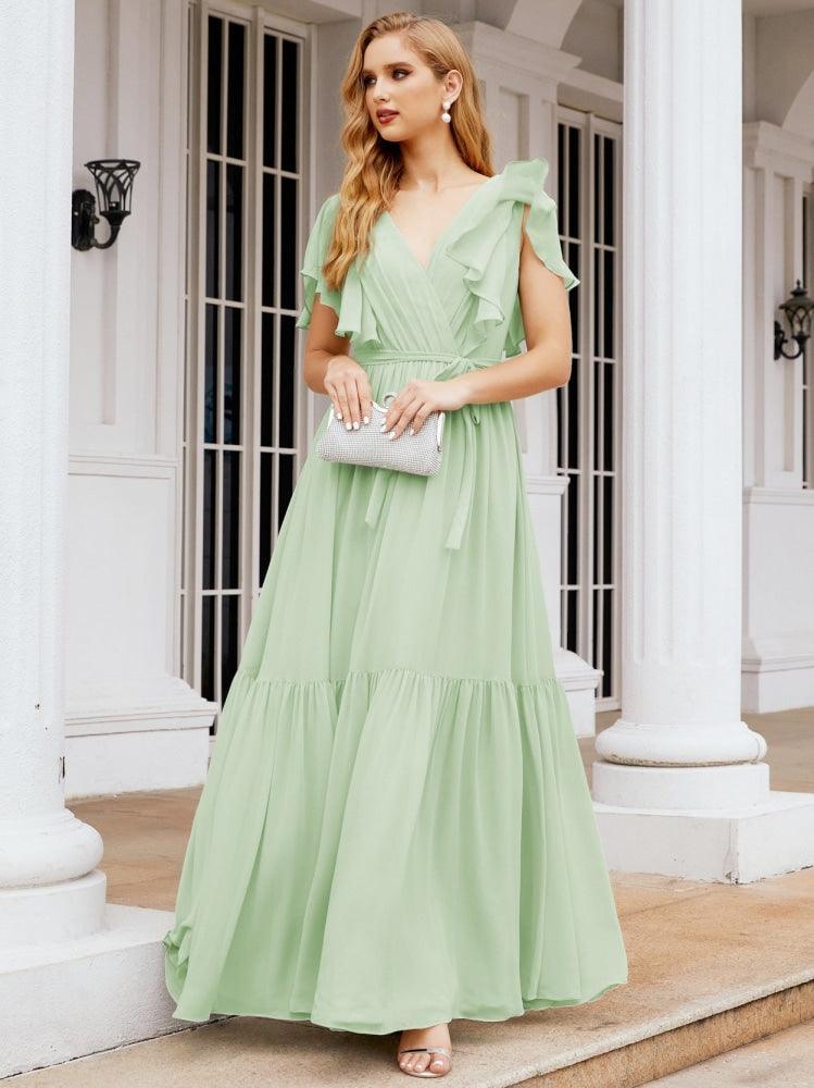 Numbersea Women's Open Back Formal Evening Party Prom Gowns V-Neck Long Chiffon Bridesmaid Dresses with Waist Belt 28038