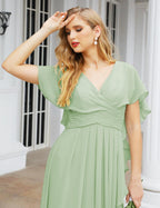 Numbersea Chiffon Bridesmaid Dresses Long Formal Evening Prom Mother of The Bride Dress with Flutter Sleeve     SEA28040