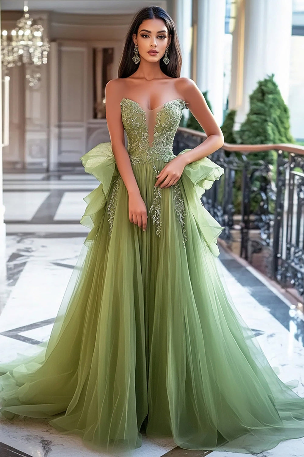 A Line Dusty Sage Tulle Long Prom Dress with Lace Appliques