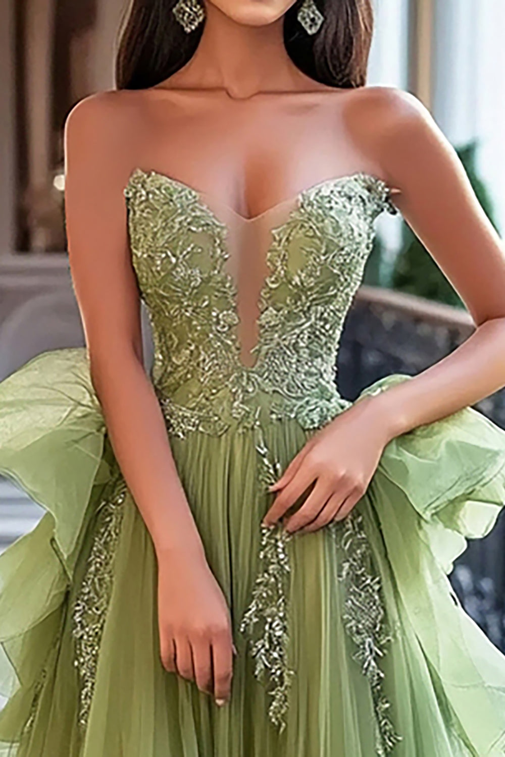 A Line Dusty Sage Tulle Long Prom Dress with Lace Appliques