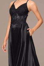 Charmeuse A-Line Dress with Appliqued Bodice
