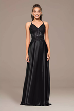 Charmeuse A-Line Dress with Appliqued Bodice