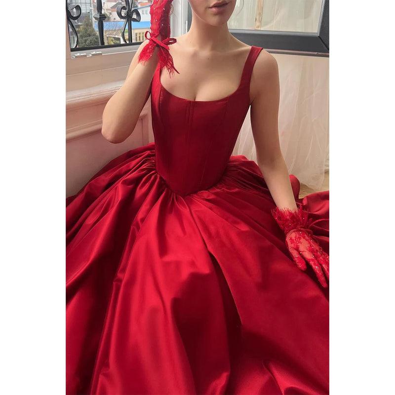 Satin A-line Spaghetti Straps with Side Slit Train Party Prom Evening Dress