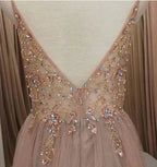 A Line V Neck Grey Beaded Long Prom Dress with Split Formal Dresses