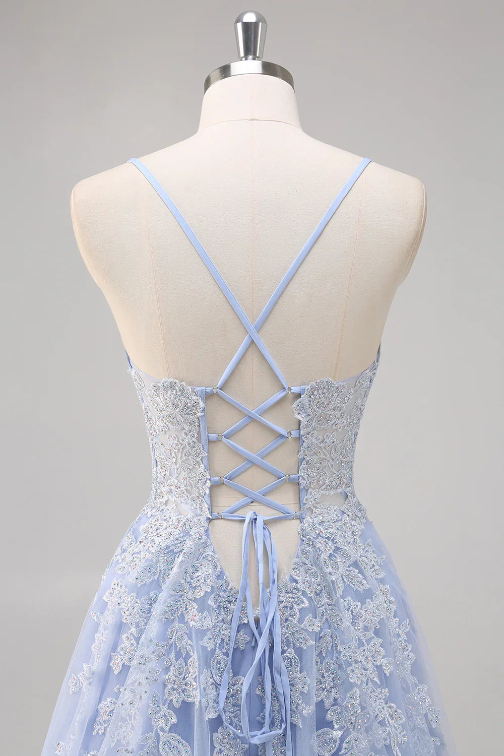 A Line Spaghetti Straps Tulle Beaded Long Prom Dress with Slit
