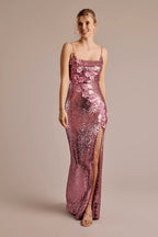 Sequin Square Neck Sheath with 3D Flowers