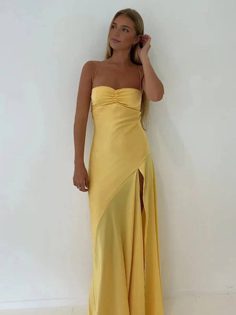 Spaghetti Straps Sheath Long Prom Dresses With Split