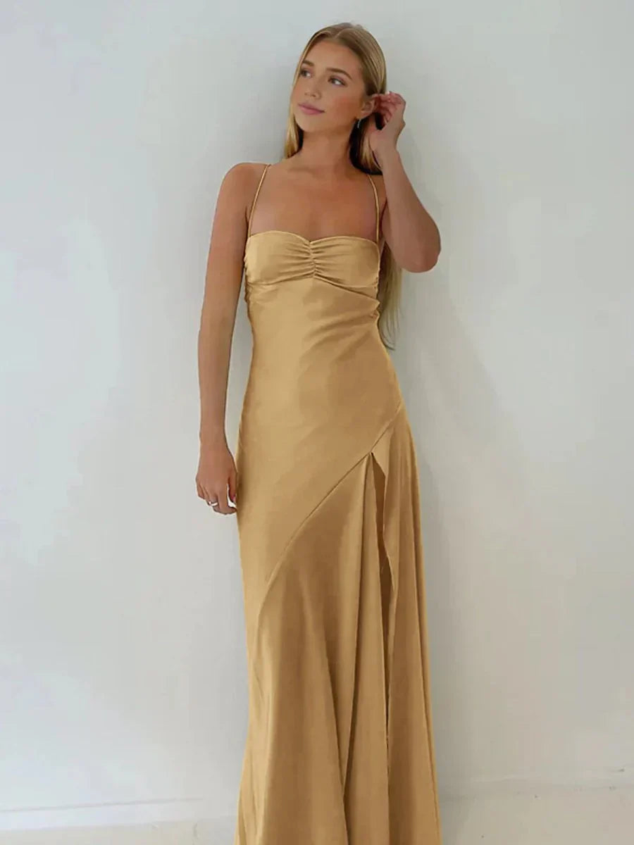 Spaghetti Straps Sheath Long Prom Dresses With Split