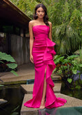 Elegant fitted pleated small train slit strapless evening dress with side ruffles