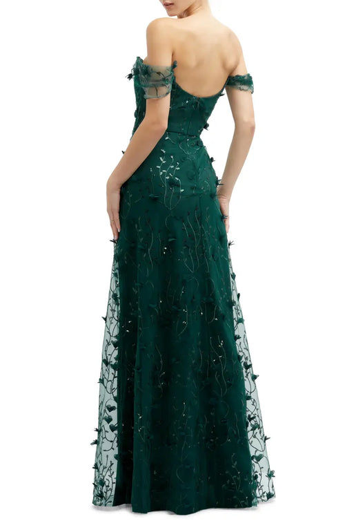 3D Embroidered Off the Shoulder Gown