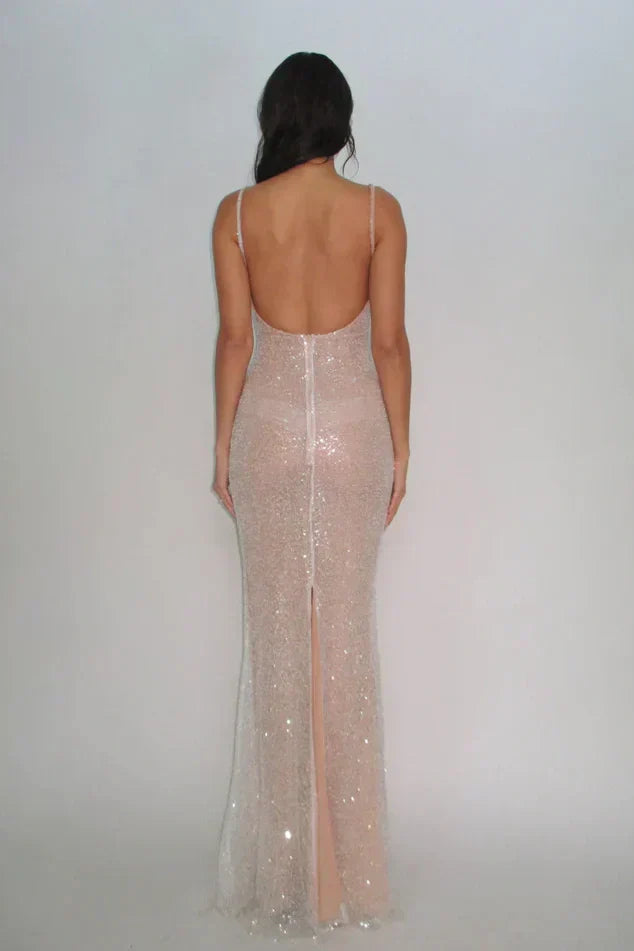 Bling Sheath Spaghetti Straps Silver Sequins Long Party Dress