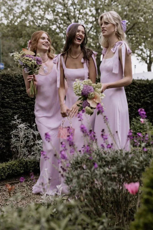 A Line Spaghetti Straps Pink Long Bridesmaid Dress with Bowknot