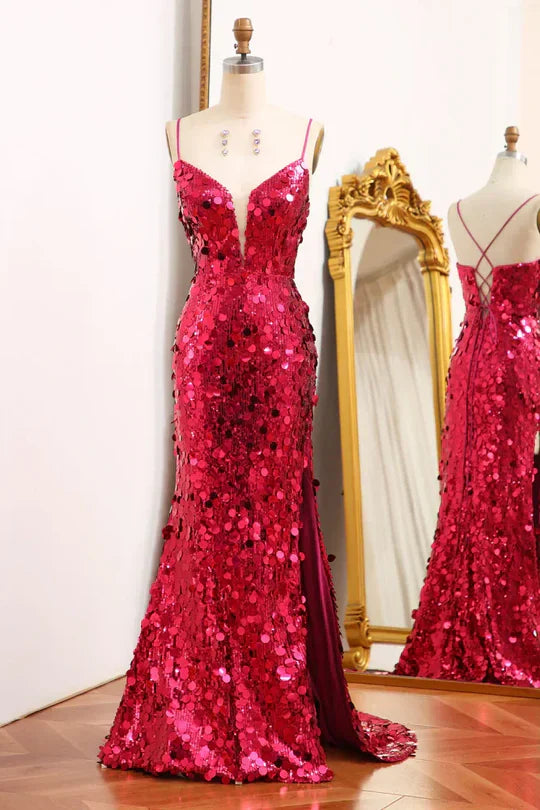 Deep V-Neck Spaghetti Straps Mermaid Sequin Evening Dresses