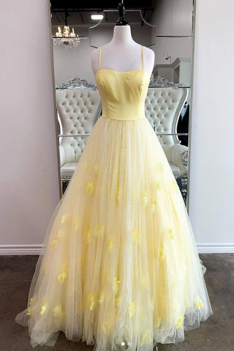 Spaghetti Straps A-Line Tulle Prom Dresses with Flowers