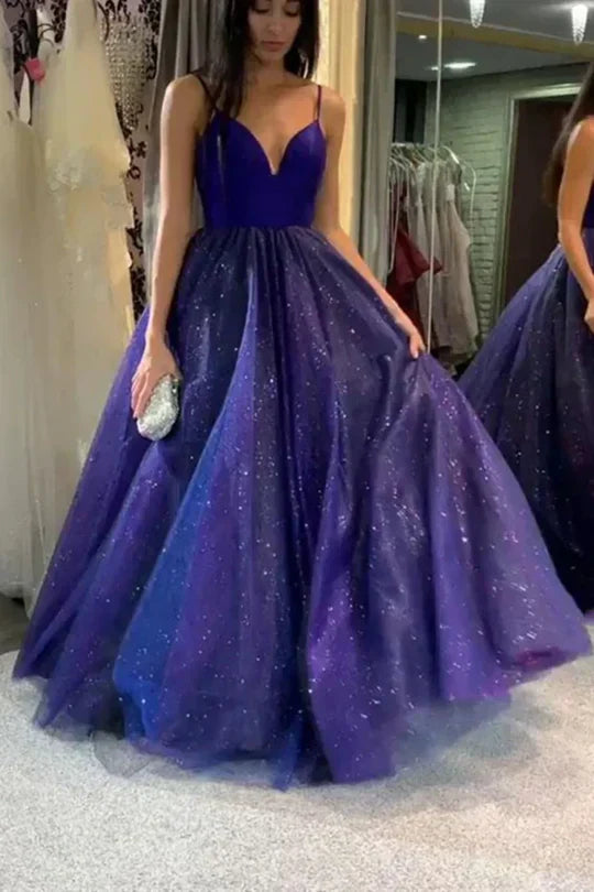 V-Neck Sleeveless A-Line Tulle Prom Party Dresses