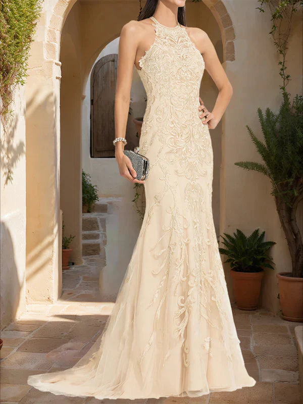 Mermaid Halter Sleeveless Applique Prom Dresses