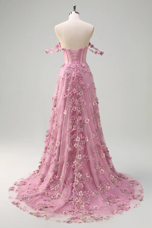A-Line Off The Shoulder Corset Long Prom Dress with Slit