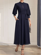 A-line High Neck Tea-Length Lace Chiffon Mother of the Bride Dress With Bow