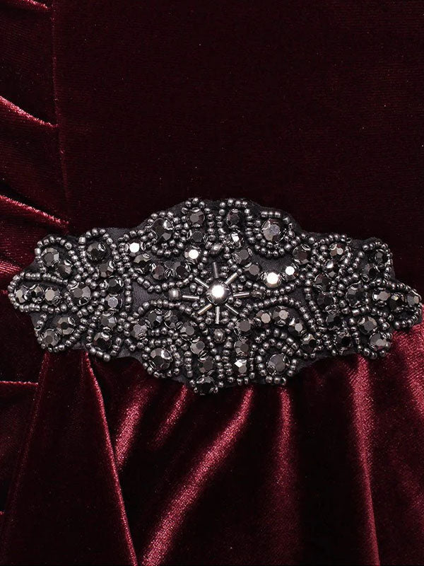 Short Velvet Sheath Dress with Surplice Neckline, Cascade Skirt and Embellishment Detail at Hip