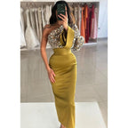 Sequins One Shoulder Green Long Sleeves Prom Dress Evening Gowns