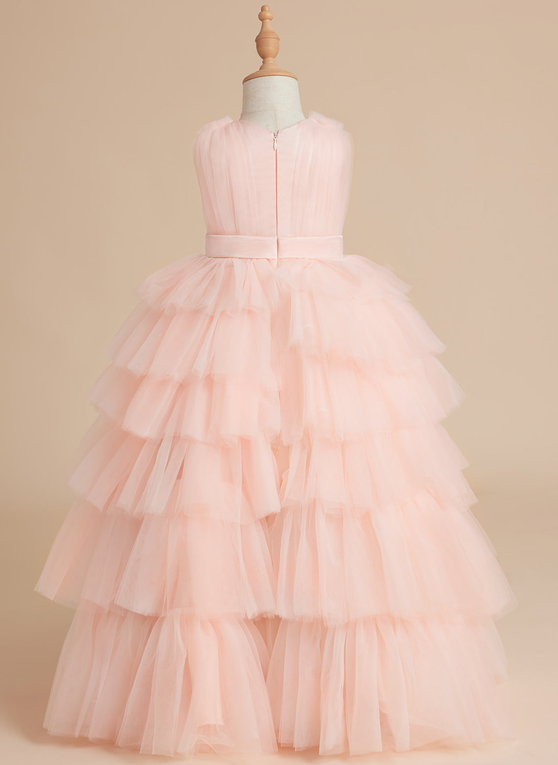 Ball-Gown/Princess Pearl Pink Sleeveless Tulle Bow Flower Girl Dress (010220814)