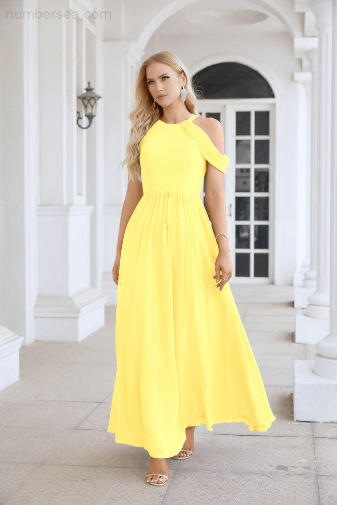 Ladies Chiffon Off Shoulder Swing Sleeve Front Slit Bridesmaid Evening Dress Wedding Party Evening Dress 28117