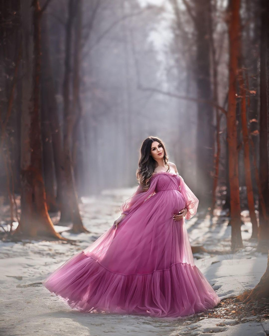 Puffy Sleeve Maternity Dress Tulle Robe for Photoshoot Off Shoulder Pregnancy Baby Shower Gown