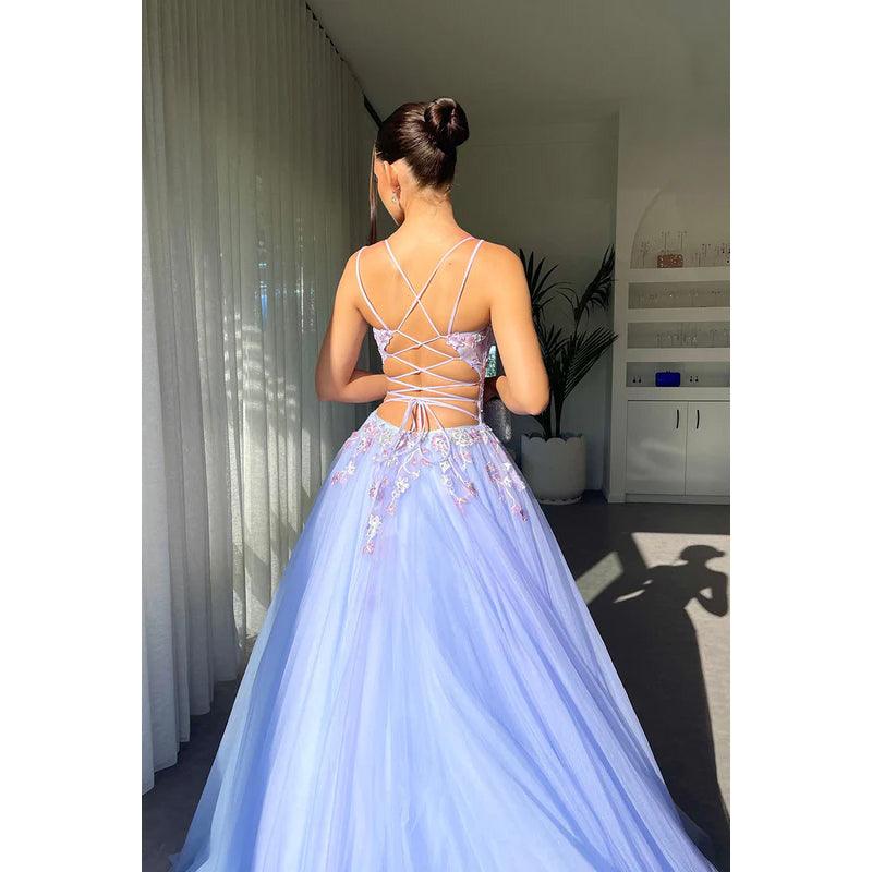 V-Neck Spaghetti Straps Appliqued A-Line Long Prom Gown