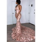 V-Neck Halter Backless Sequins Satin Mermaid Long Prom Evening Dress