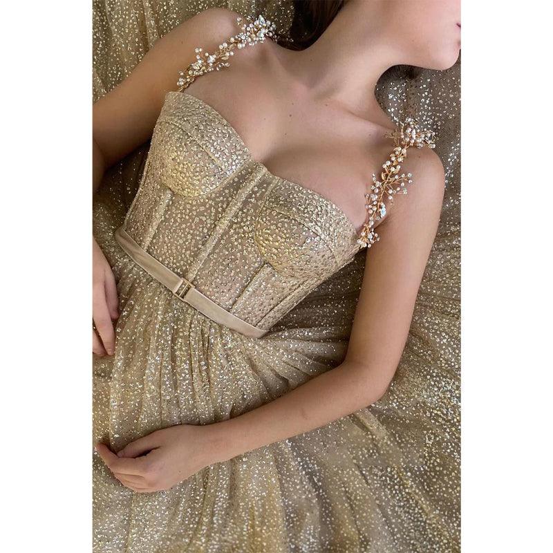 Sweetheart Champagne Sequined Sparkly Prom Dress