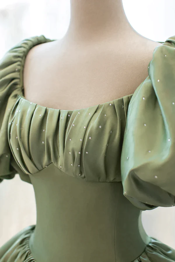 Satin Ball Gown Long Prom Dress Short Sleeves Evening Dress Y4313