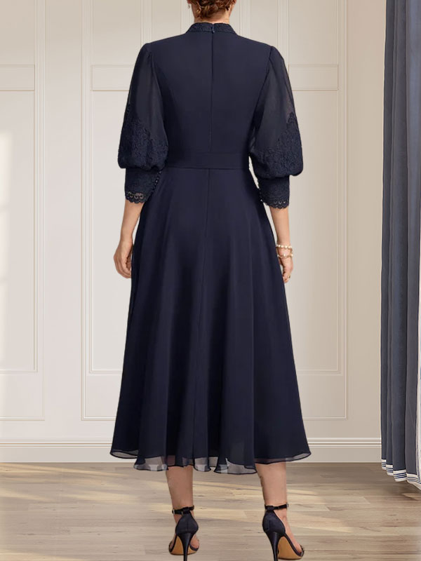 A-line High Neck Tea-Length Lace Chiffon Mother of the Bride Dress With Bow
