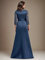 A-Line Scoop Floor-Length Lace Satin Mother Of the Bride Dress With Applique