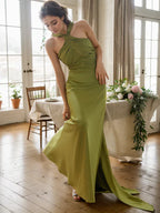 Greece goddess haltered sheath silky satin prom dress with long ribbon multiple colors
