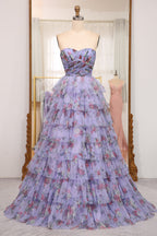 Charming A Line Off the Shoulder Blue Printed Long Prom Dress with Ruffles