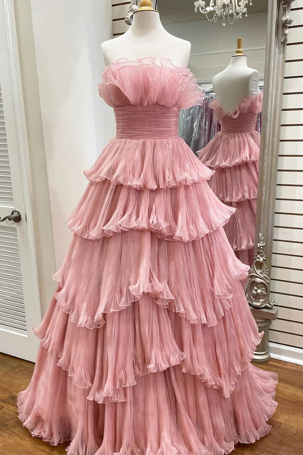 Charming A Line Strapless Blue Long Prom Dress with Ruffles