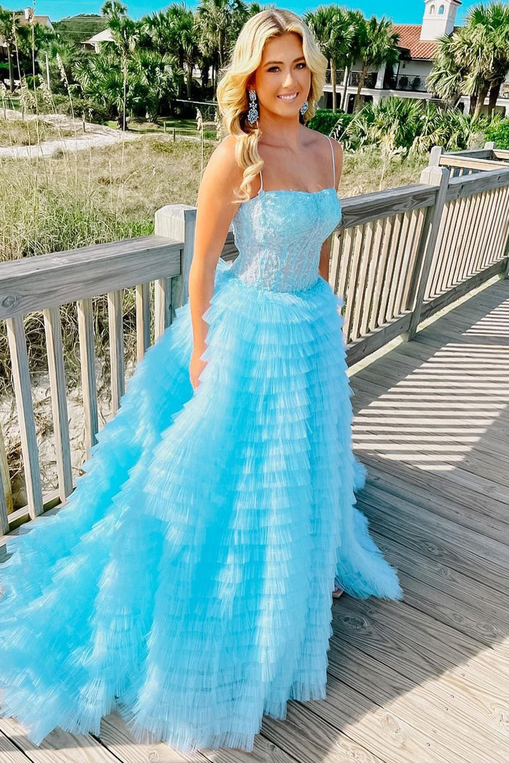 A Line Spaghetti Straps Tulle Tiered Long Corset Prom Dress
