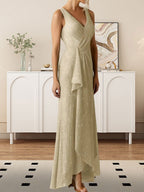 A-Line V-Neck Ruched Metallic Mesh Dress
