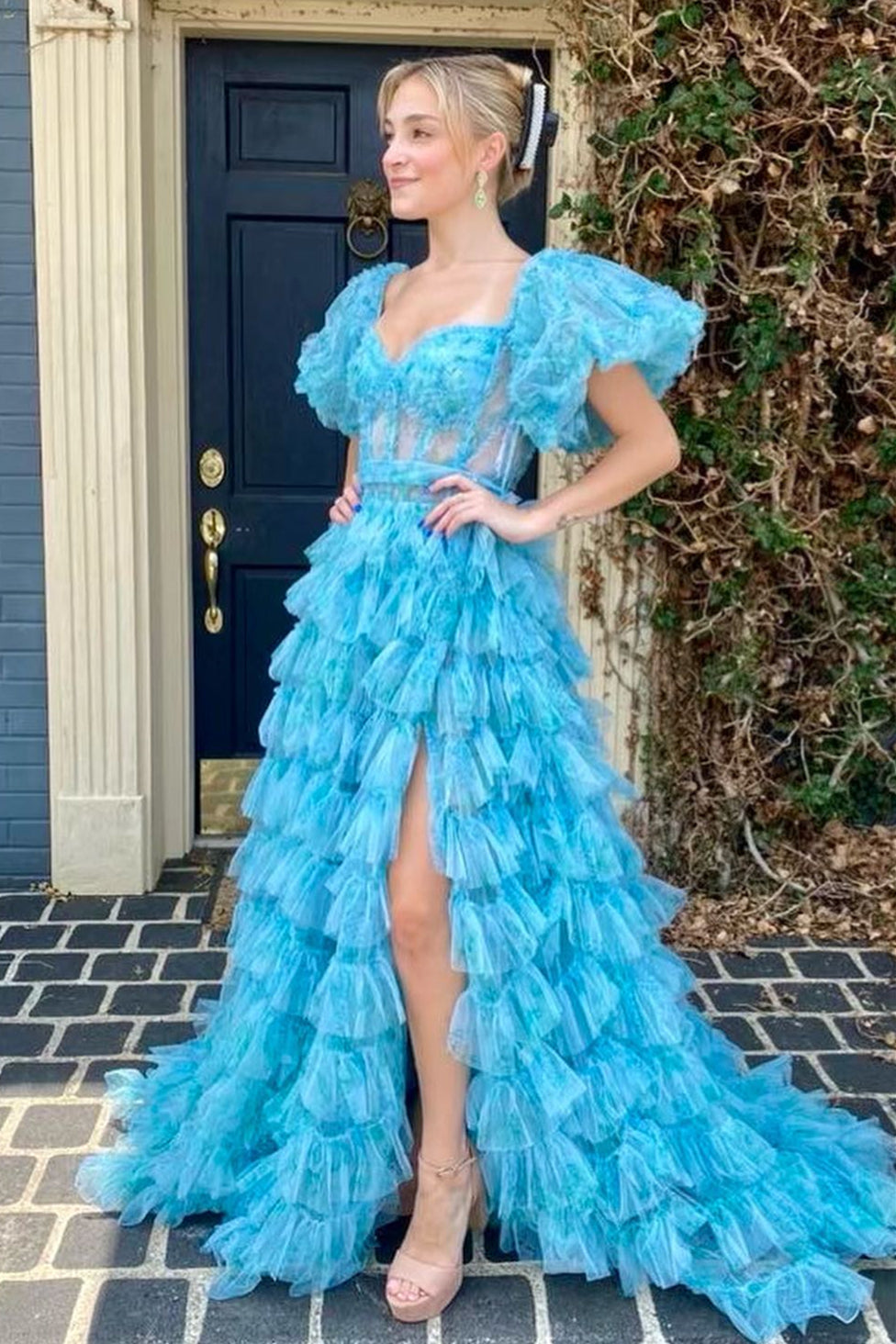 A-line Multi Tiered Printed Tulle Prom Dress with Slit