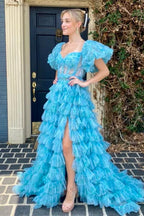 A-line Multi Tiered Printed Tulle Prom Dress with Slit