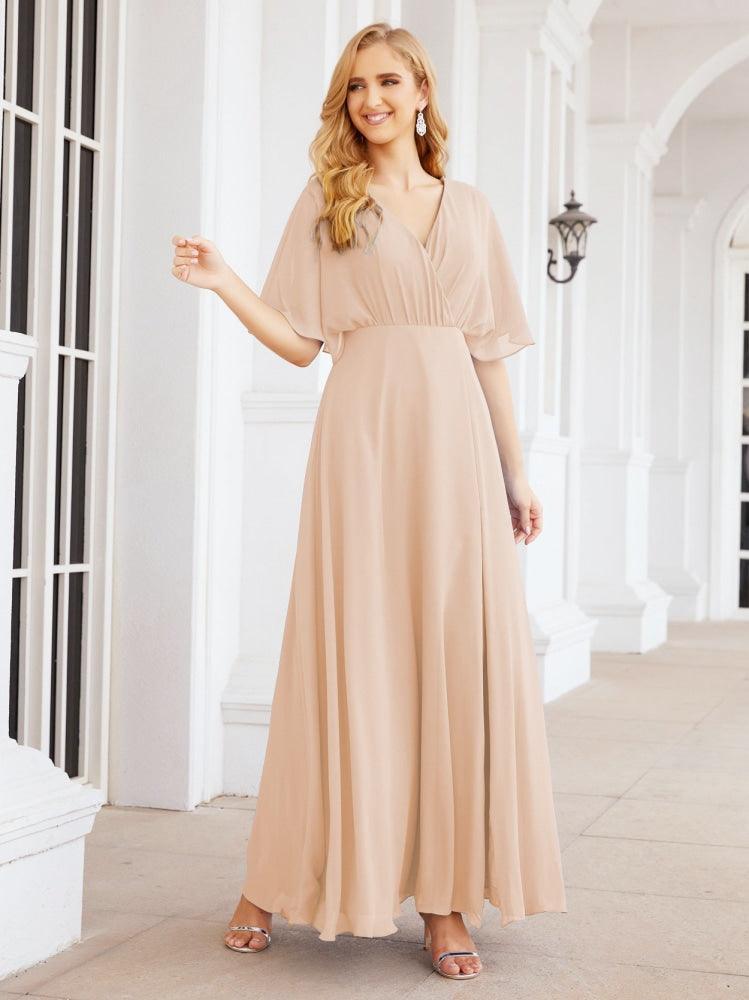 Numbersea V-Neck Bridesmaid Dress Chiffon Long Open Back Formal Dresses for Women Party Evening 28067