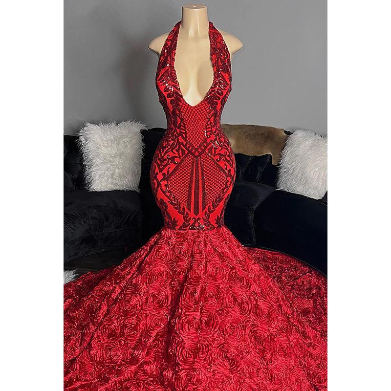 Trumpet/Mermaid V-Neck Lace Sequins Appliques Backless Sleeveless Prom Dress