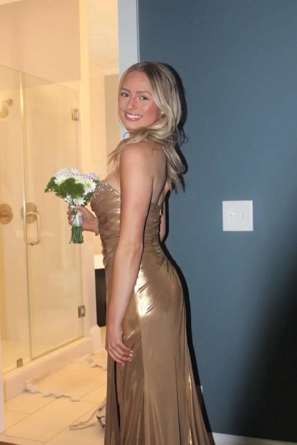 Chic Beaded Ruched Long Dress with Slit Prom Dress