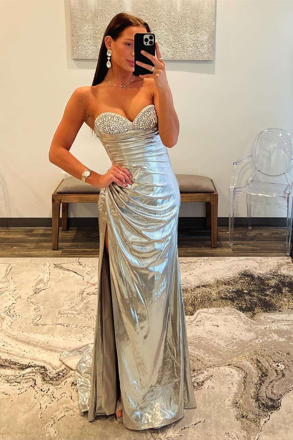 Chic Beaded Ruched Long Dress with Slit Prom Dress