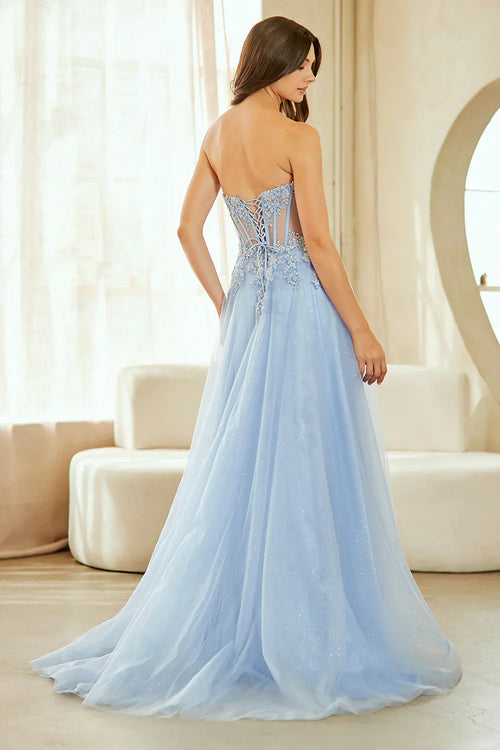 Chic Applique Strapless Slit Backless Gown Prom Dress