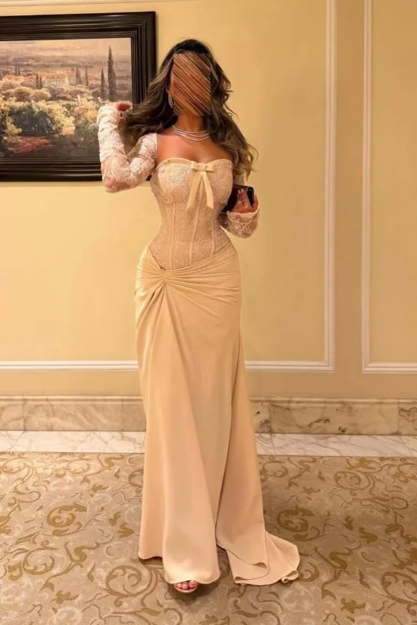 Champagne Long Sleeve Sweetheart Mermaid Prom Dress