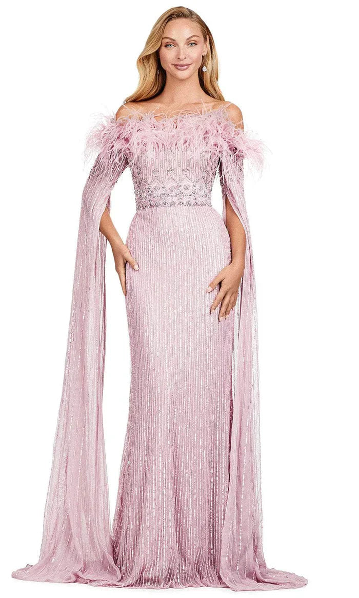 Elegant Feather Detail Off-Shoulder Evening Dress