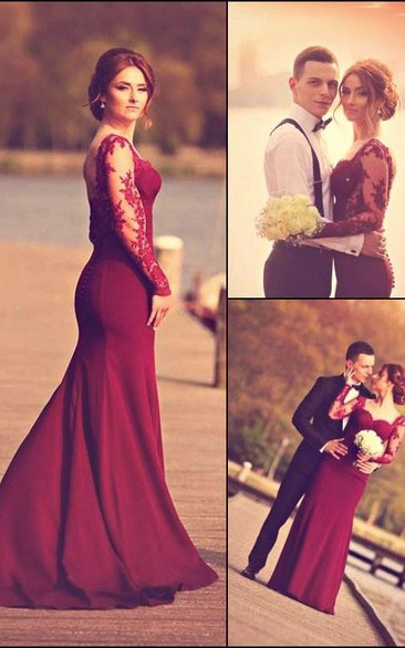 Sheath Satin Lace Sweetheart Long Sleeve Open Back Button Zipper Dress